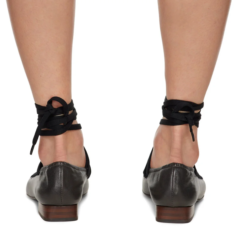 YDN Black Vegan Leather Square Toe Lace-Up Flat Shoes for Women