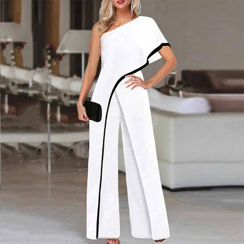 2022 VONDA Women Vintage Wide Leg Rompers Elegant Long Jumpsuits Casual Loose Solid One Shoulder Office Party Overalls Oversized