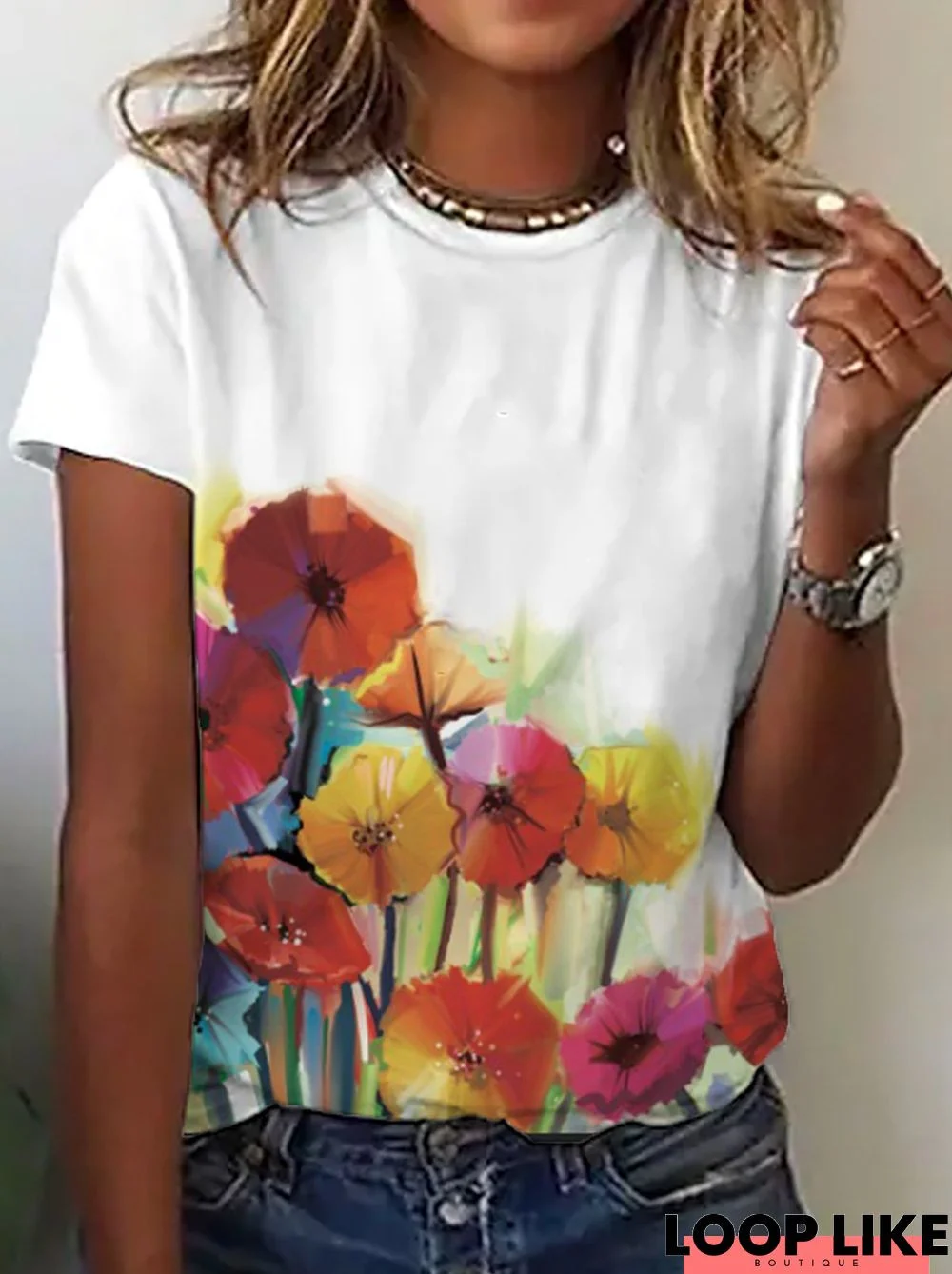 Crew Neck Floral Casual Short Sleeve T-Shirt