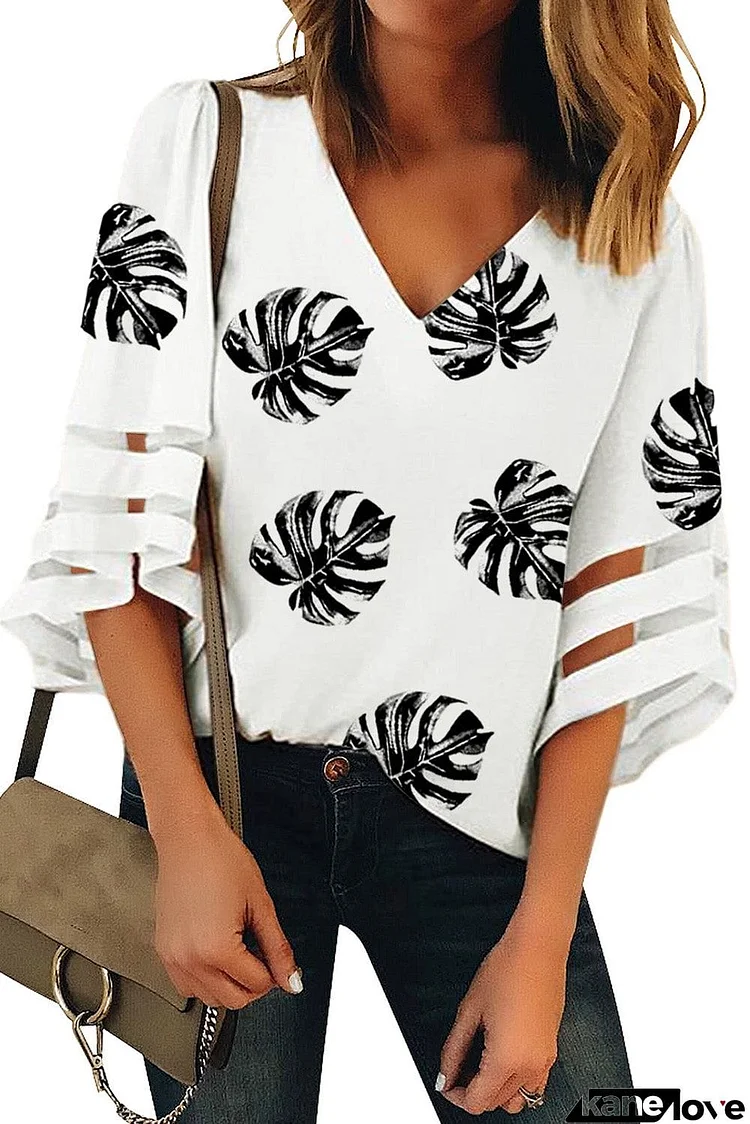 V Neck Mesh Splicing Sleeve Palm Leaf Print Top