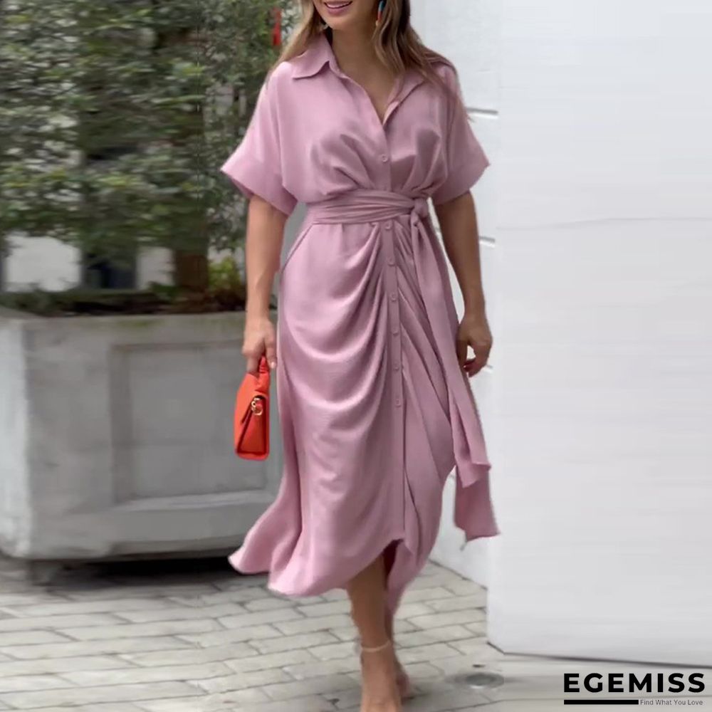 Lapel Mid Length Short Sleeve Single Breasted High Waist Shirt Dress | EGEMISS