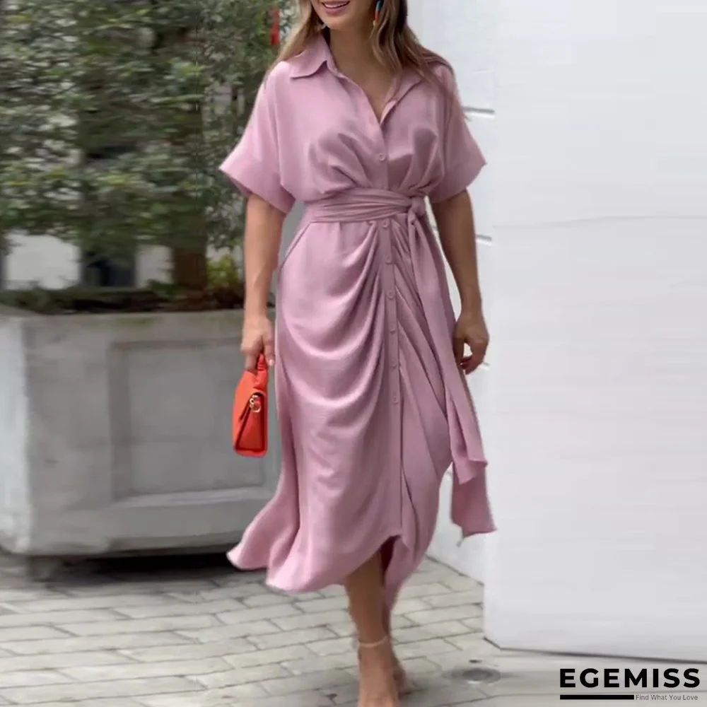 Lapel Mid Length Short Sleeve Single Breasted High Waist Shirt Dress | EGEMISS