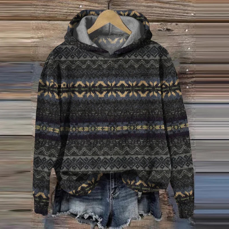 Vintage Icelandic Pattern Cozy Hoodie Sweater