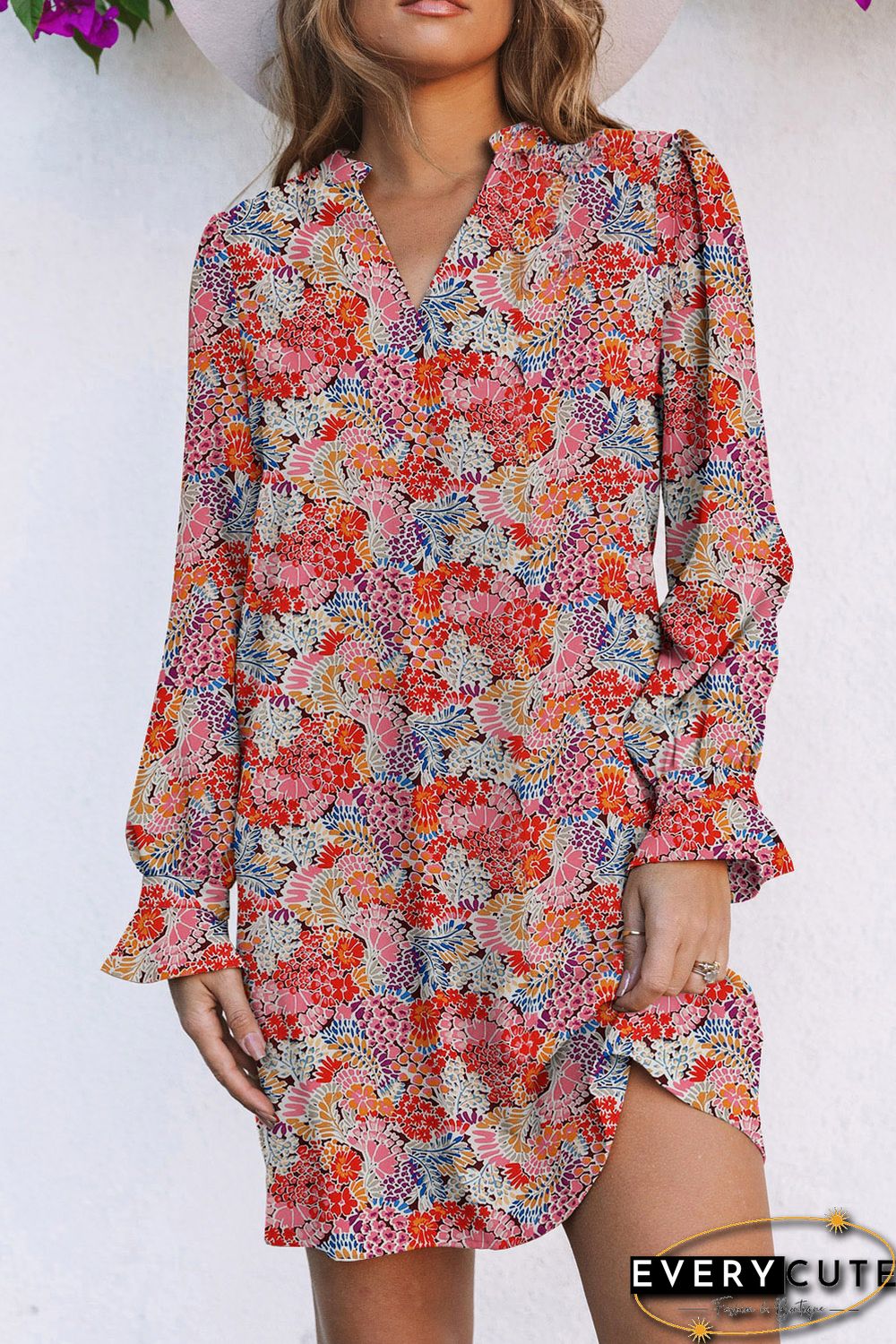 Multicolor Floral Split Neck Long Sleeve Mini Dress