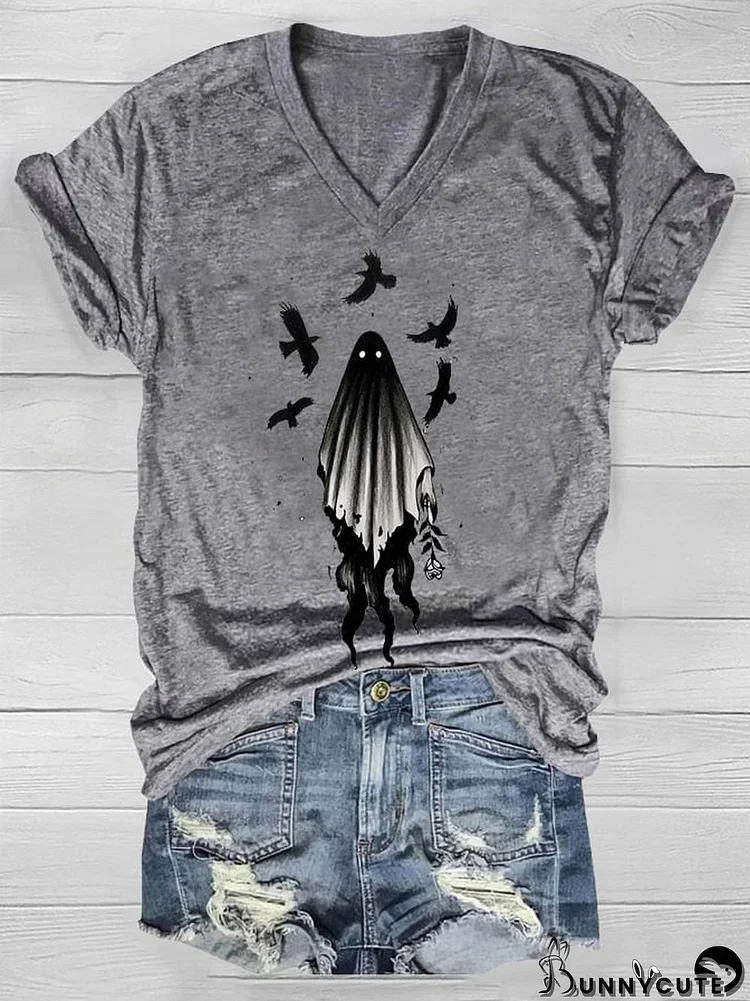 Women's Ghost Print V-neck T-Shirt