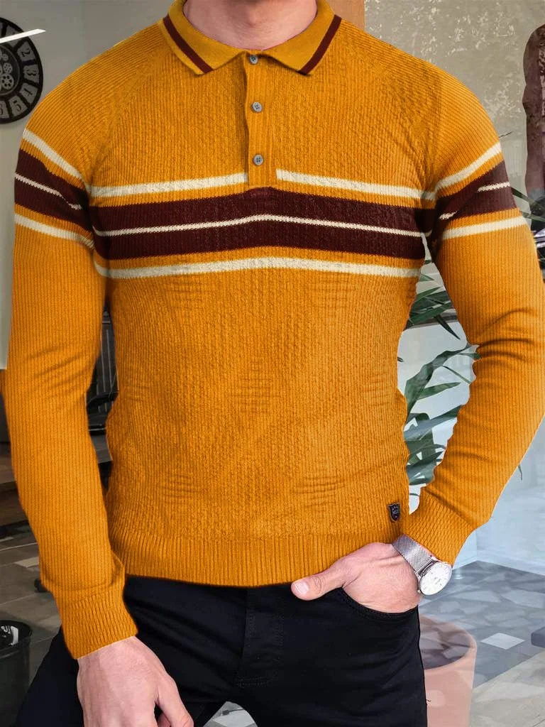 men's casual striped polo plaid long sleeve