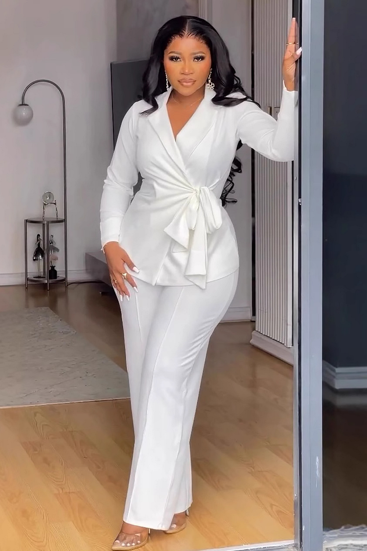 V Neck Long Sleeve Tie Up Blazer Solid Color Pants Matching Set-White