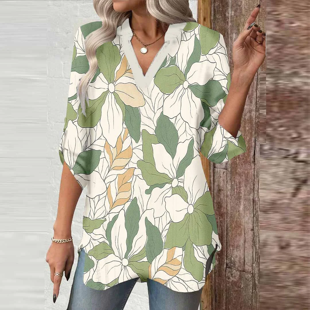 Women Plant, Green, Beige DZGA0601 3/4 Sleeve V-neck Printed Graphic Button Tops