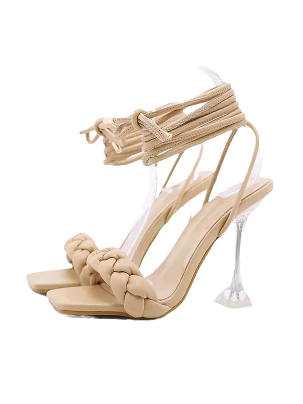 Lace-Up Open Toe Split-Joint Square-Toe Pumps Sandals