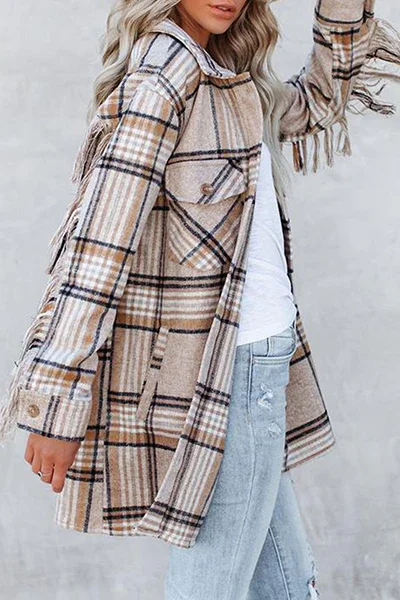 Casual Plaid Tassel Buckle Turndown Collar Outerwear