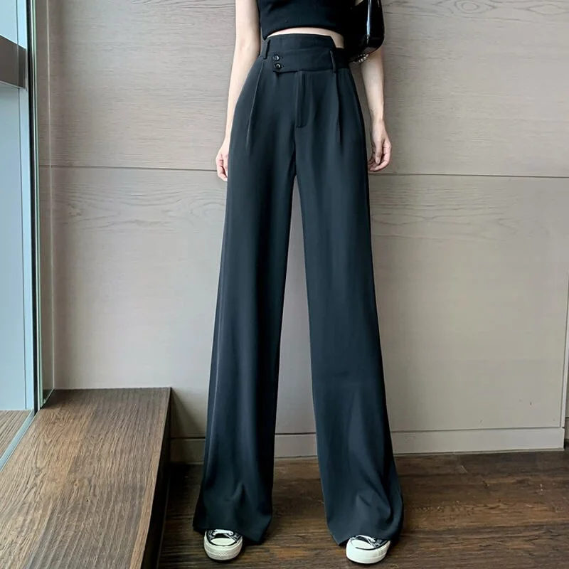 Wide-leg Pants Women Plus Size 3XL Casual All-match Vintage Soft Office Lady High Waisted Trousers Popular Korean Femme Bottom