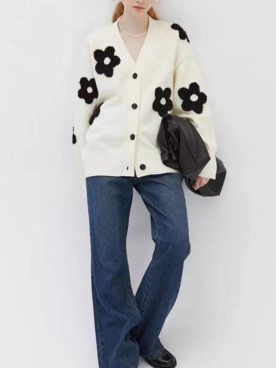 V Neck Three-Dimensional  Jacquard Knit Cardigan