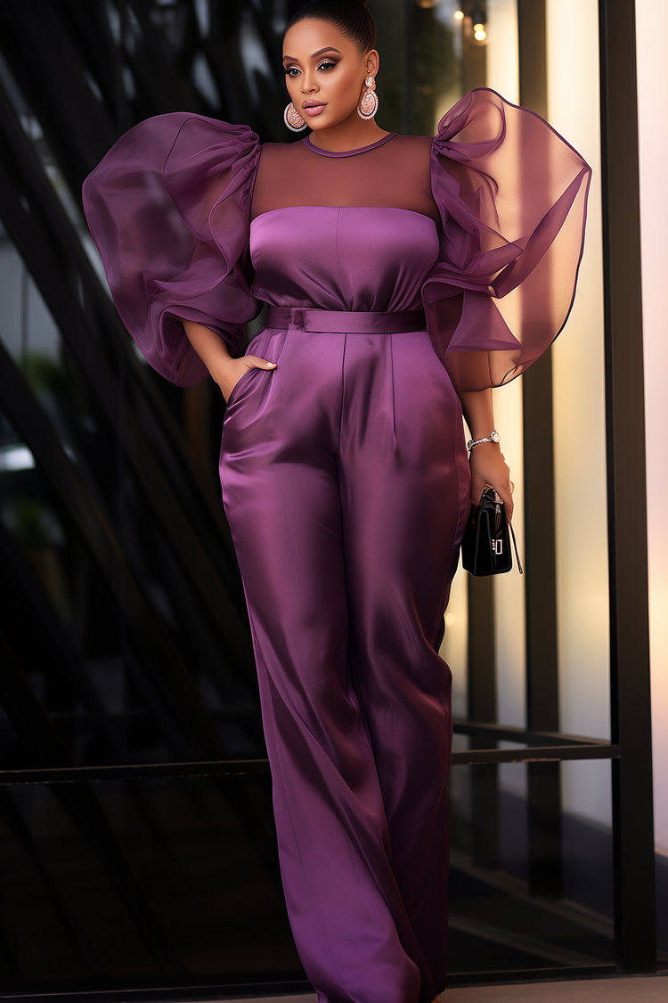 Xpluswear Design Plus Size Formal Purple Puff Sleeve Half Sleeve See Through Satin Jumpsuits [Pre-Order]