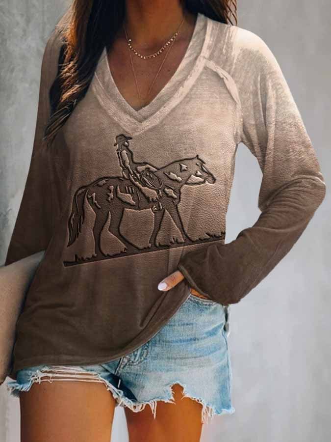 Western Horse Print V-Neck Long Sleeve T-Shirt
