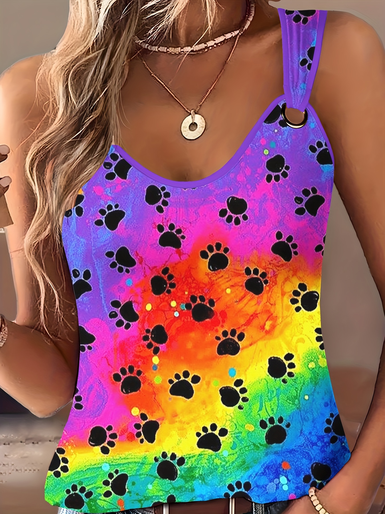 Vibrant Paw Print Crew Neck Tank Top - Soft, Breathable, Sleeveless Design For Spring & Summer - Women's Casual Comfortable Clothing For Warm Weather | IFYHOME