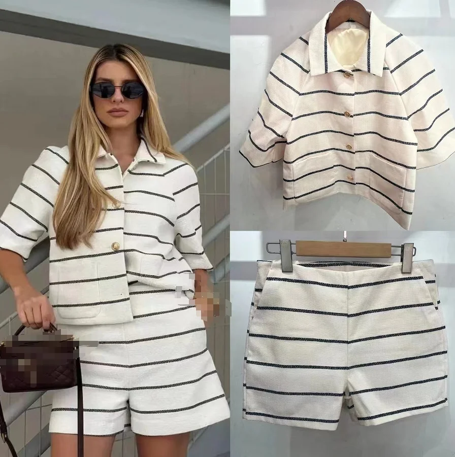 Nigikala Nigikala Women's Explosive Stripes Bumpy Round-Neck Long-Sleeved Knitted Double-Shirted Shorts Set