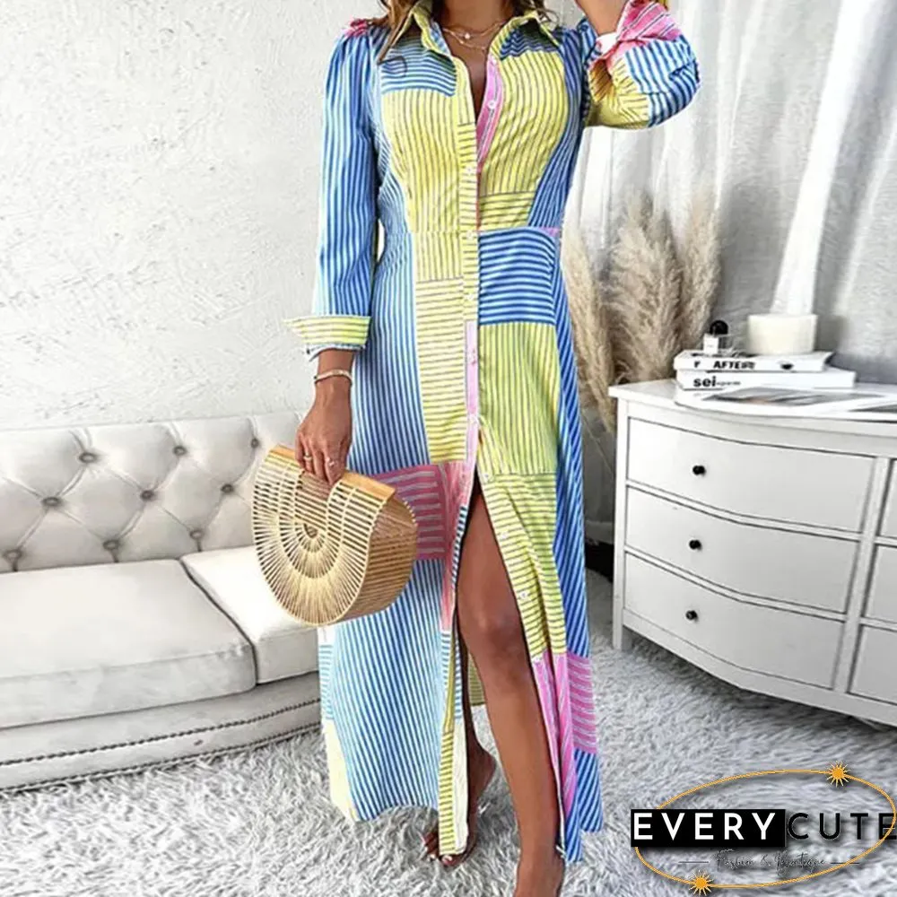 Fashion Blue Yellow Color Matching Striped Dress Ladies New Long Sleeve Lapel Maxi Shirt