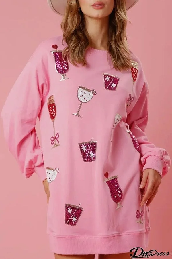 Holiday Cheer Cocktail Print Pocket Crew Neck Long Sleeve Mini Dress