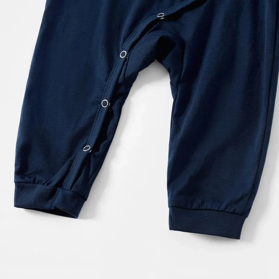 Cute Cartoon Pattern and Slogan Text Printed Blue Christmas Matching Pajamas