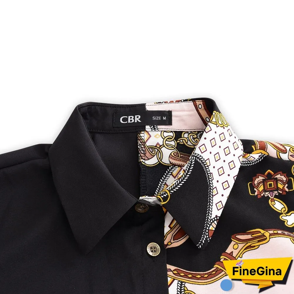 fashion printing ladies shirt neckline long-sleeved casual shirt blouse Explosion models Colorblock Buttoned Blouse D30