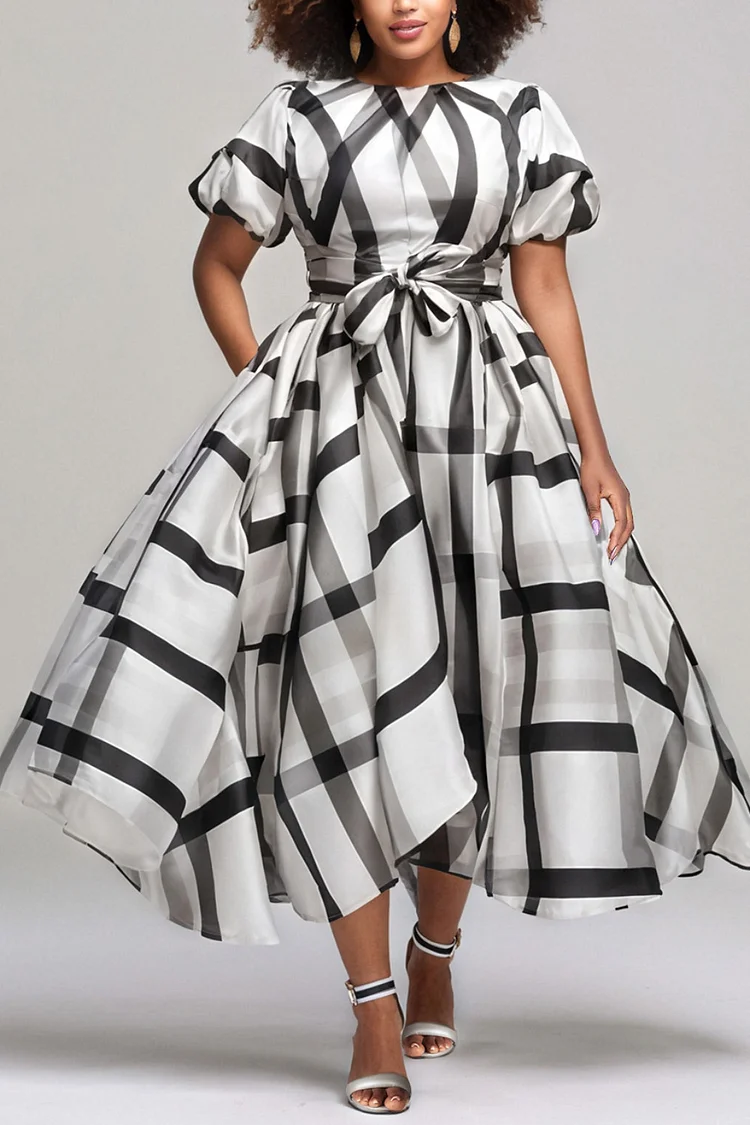 Xpluswear Design Plus Size Business Casual White All Over Print Round Neck Puff Sleeve Short Sleeve Pocket Elegant Asymmetric Hem Organza Midi Dresses [Pre-Order]