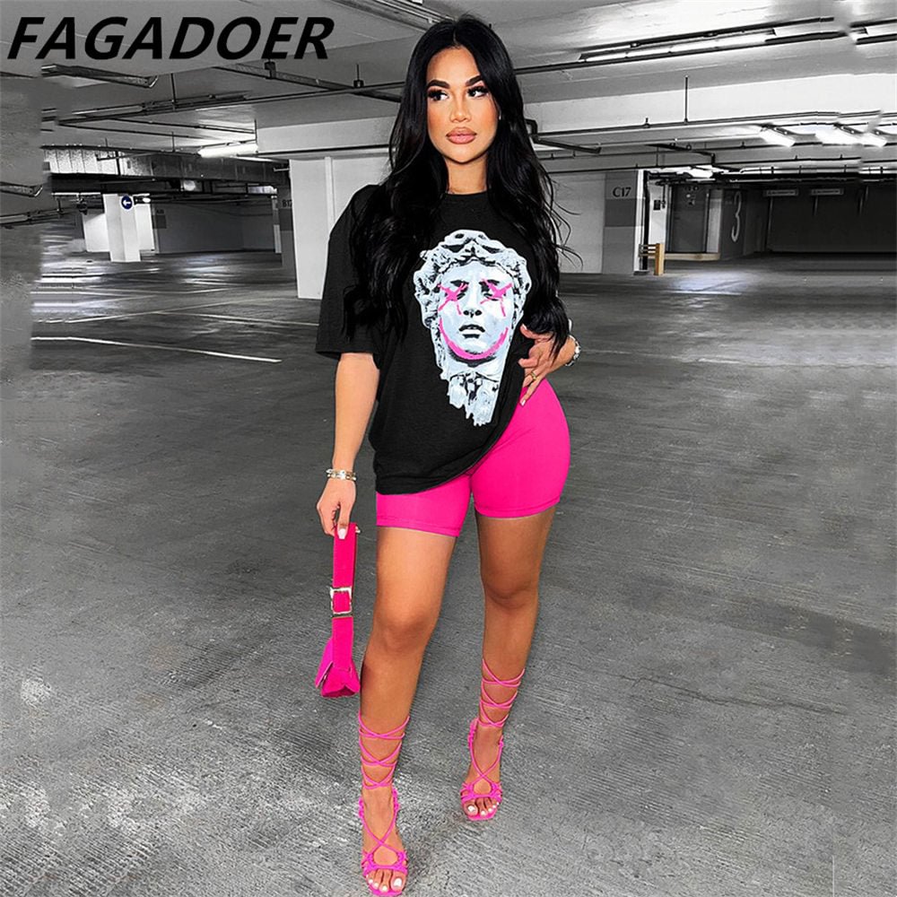 FAGADOER Fashion Print 2 Two Piece Sets Women Streetwear Outfits 2022 Summer Y2K Short Sleeve Tshirt+Biker Shorts Sets Female