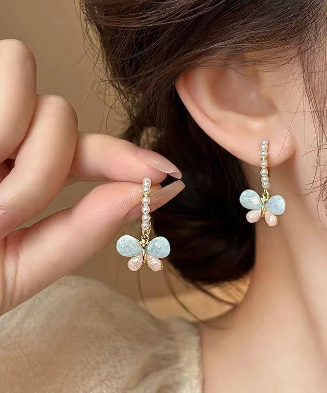Cute Rainbow Alloy Pearl Butterfly Hoop Earrings