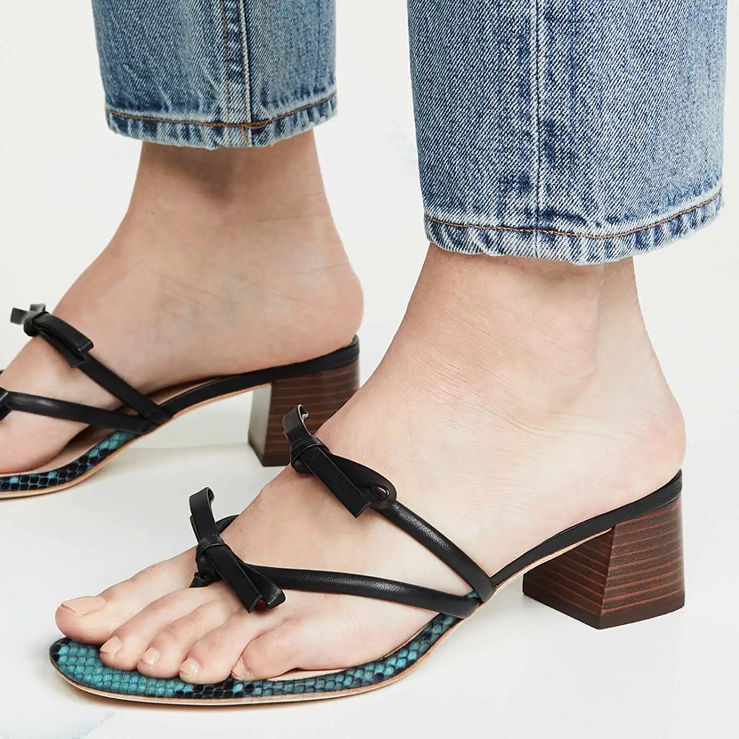 TAAFO Snackskin High Chunky Heels Women's Slippers Open Toe Butterfly-Knot Strap Ladies Casual Shoes 