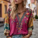 Women's Floral Embroidery Colorblock Art Linen Blend V-neck Boho Shirt - Image 2