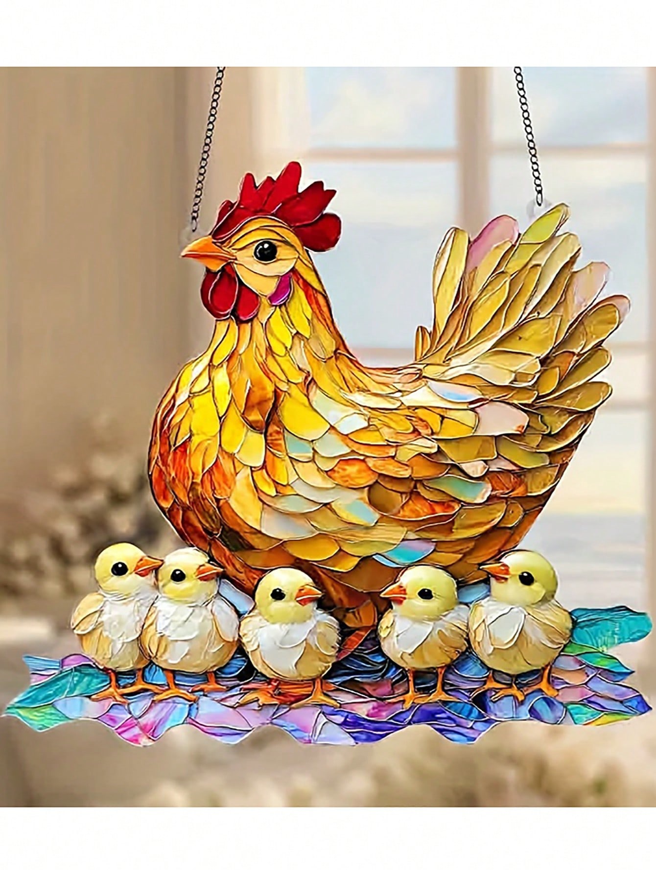 Tegooe Tegooe Stained Glass Style Chicken Suncatcher Mother Hen Chicks Farmhouse Window Panel Hanging Decoration