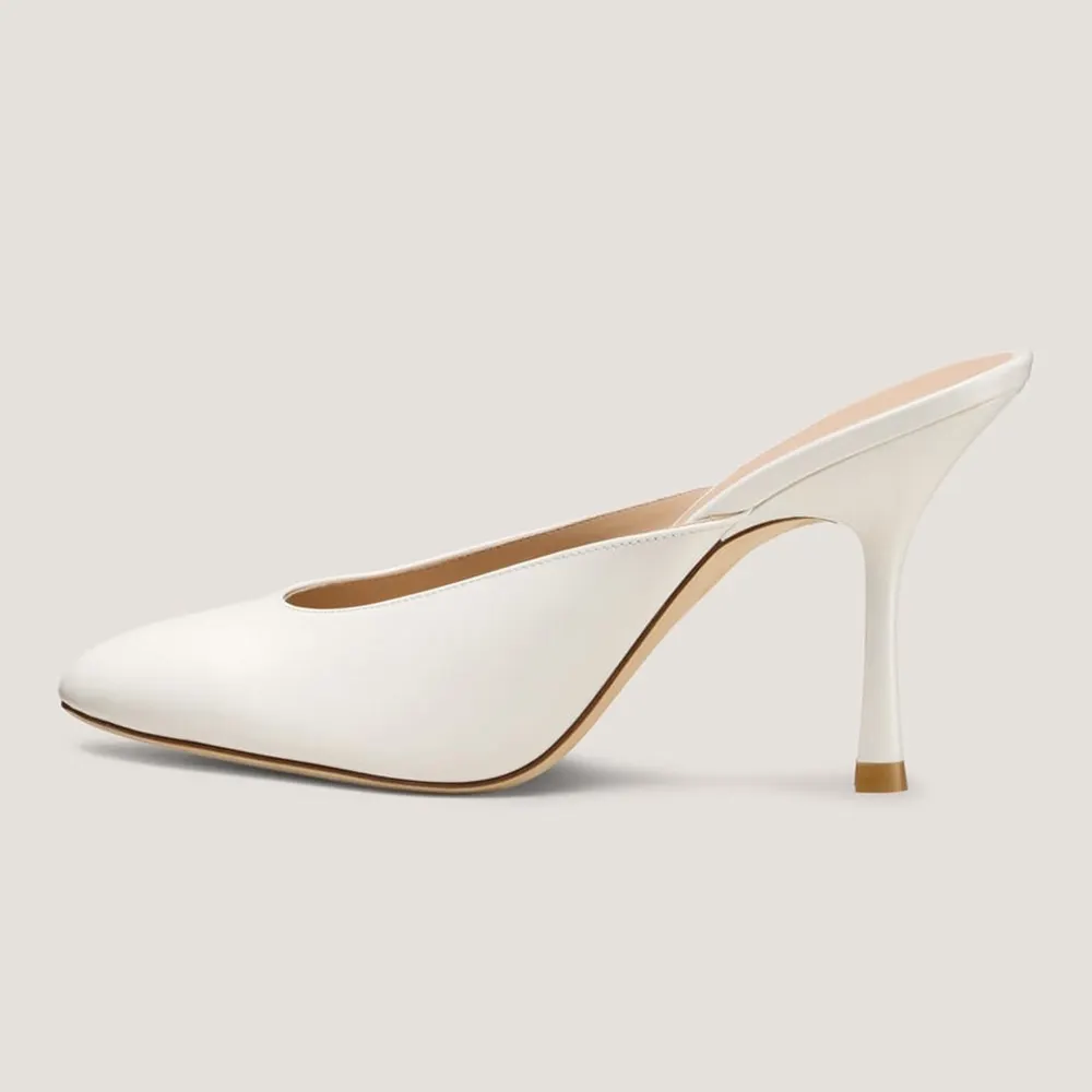 White Patent Leather Round Toe Slip On Stiletto Heeled Mules