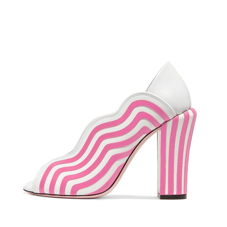 Pink Stripes Peep Toe Heels Block Heel Pumps |FSJ Shoes