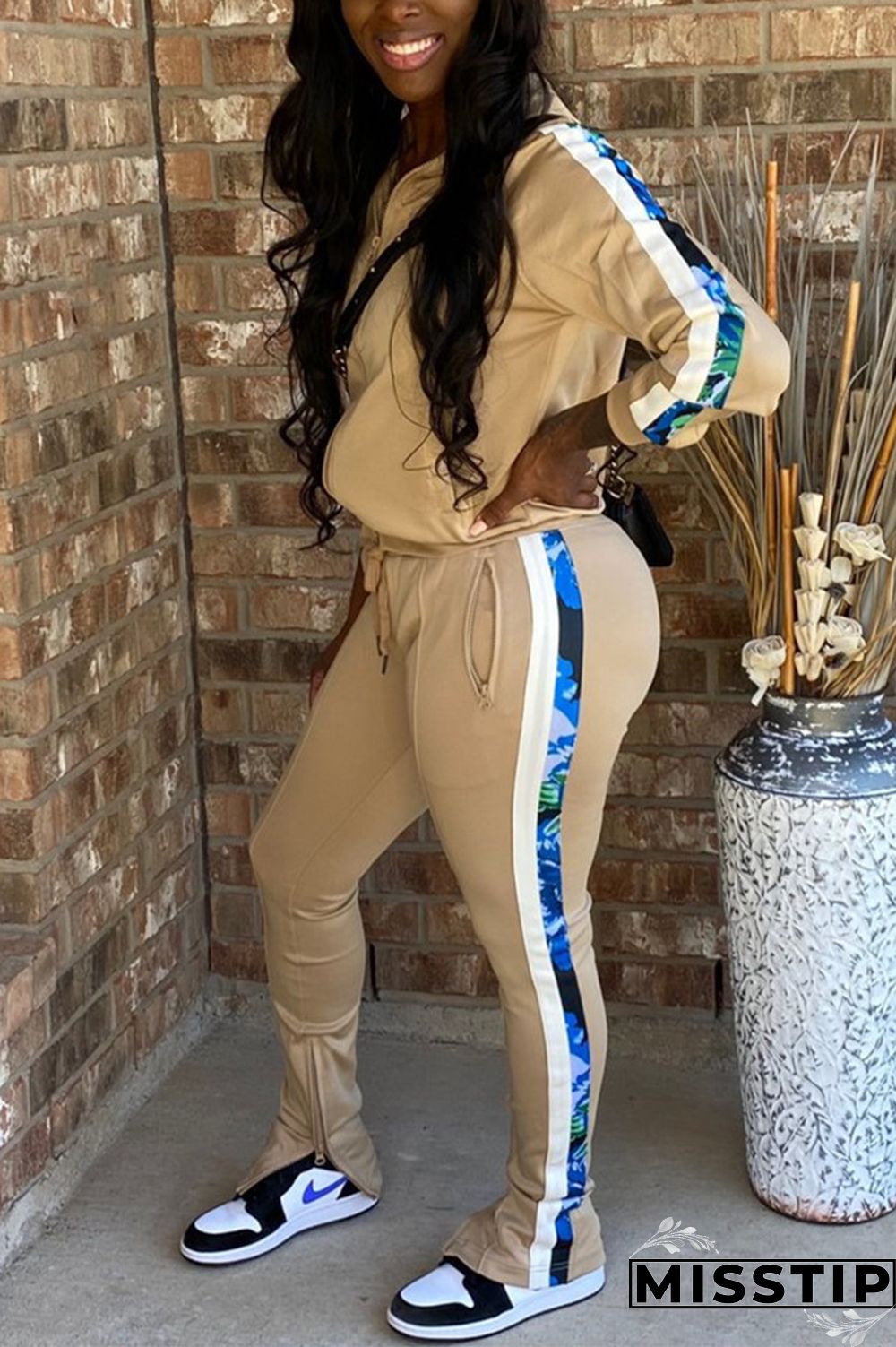 Khaki Fashion Casual Patchwork Patchwork Zipper Collar Long Sleeve Two Pieces