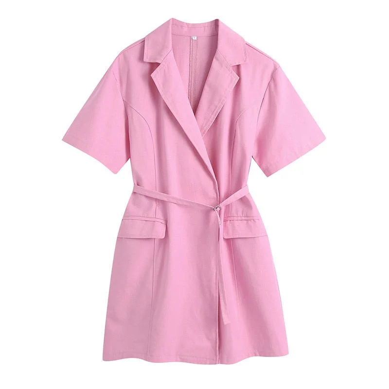 Pink Blazer Dress Short Sleeve Turn Down Collar Fashion Office Ladies Shirt Dress With Sashes Za 2021 Women Robe Chemise Femme