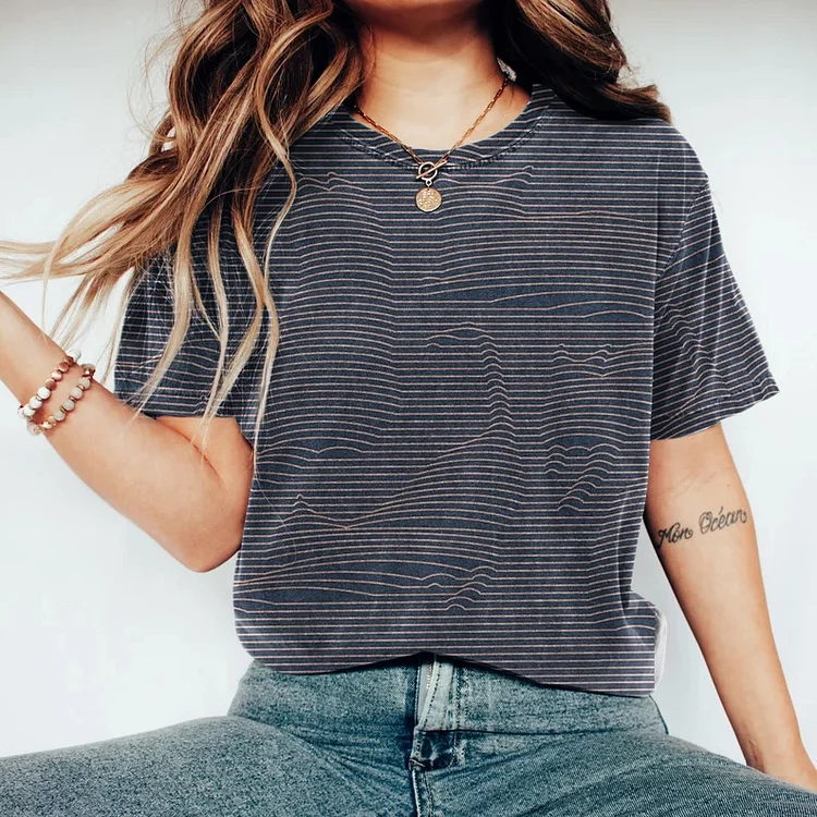 Art Striped Cat Print Crew Neck T-Shirt