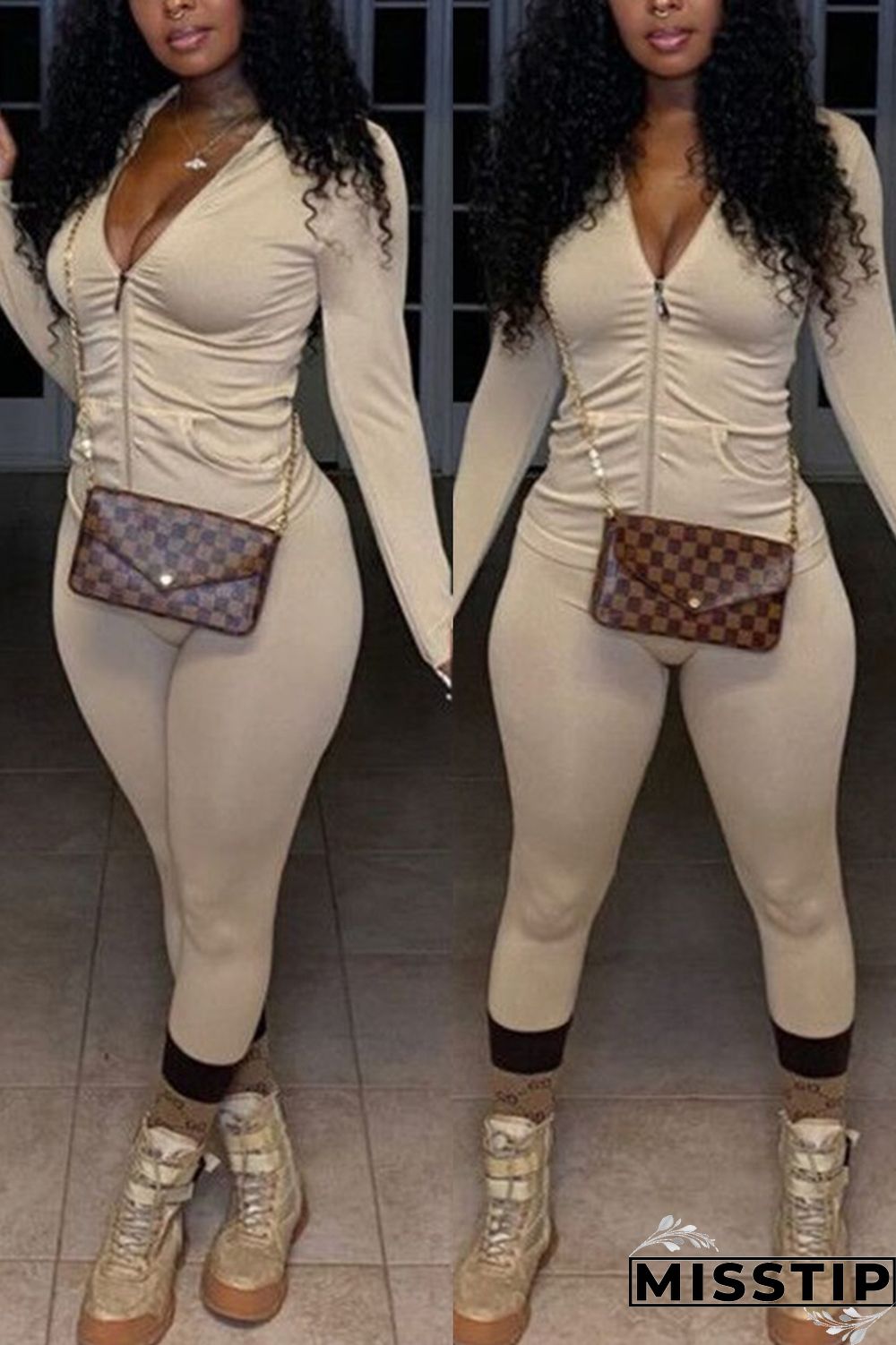 purple Fashion Sexy Solid Zipper Collar Long Sleeve Regular Sleeve Regular Two Pieces