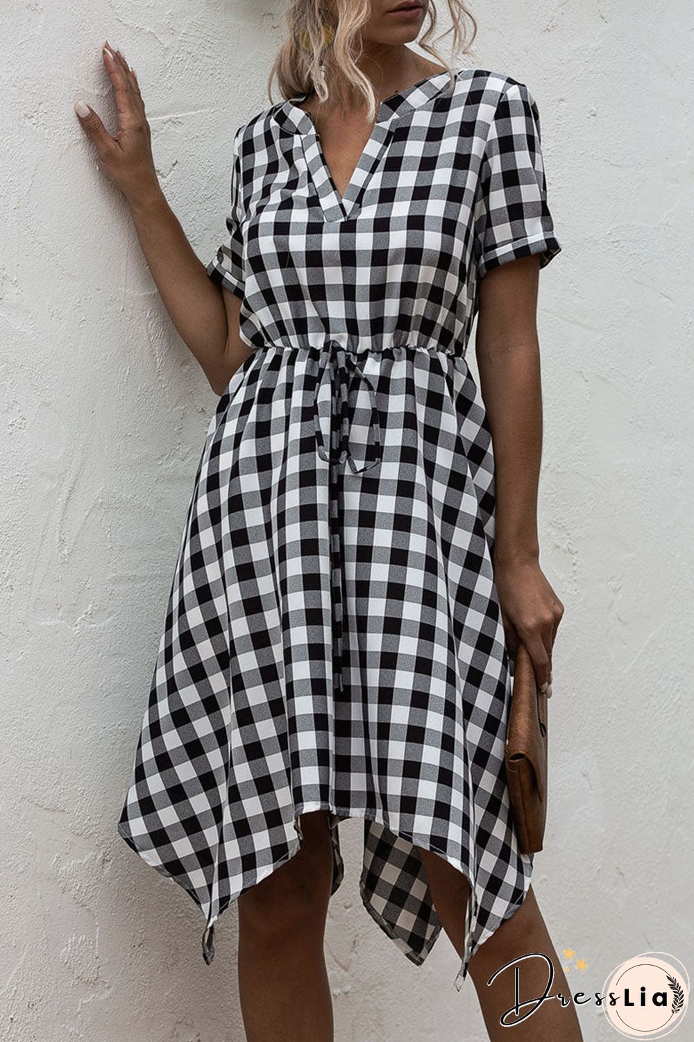 Fashion Casual Plaid Split Joint V Neck Irregular Dress Dresses