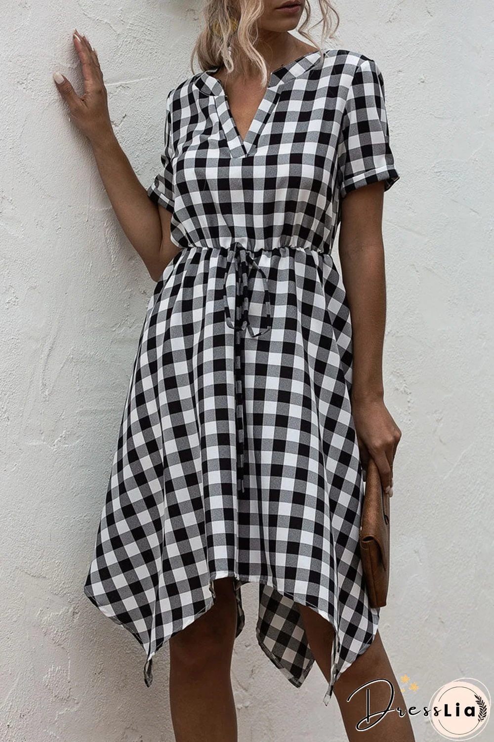 Fashion Casual Plaid Split Joint V Neck Irregular Dress Dresses