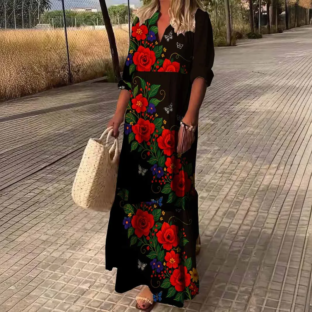 Women Floral,Black,Red DZDN0778 SPU Printed Long Sleeve V-neck Maxi Dress