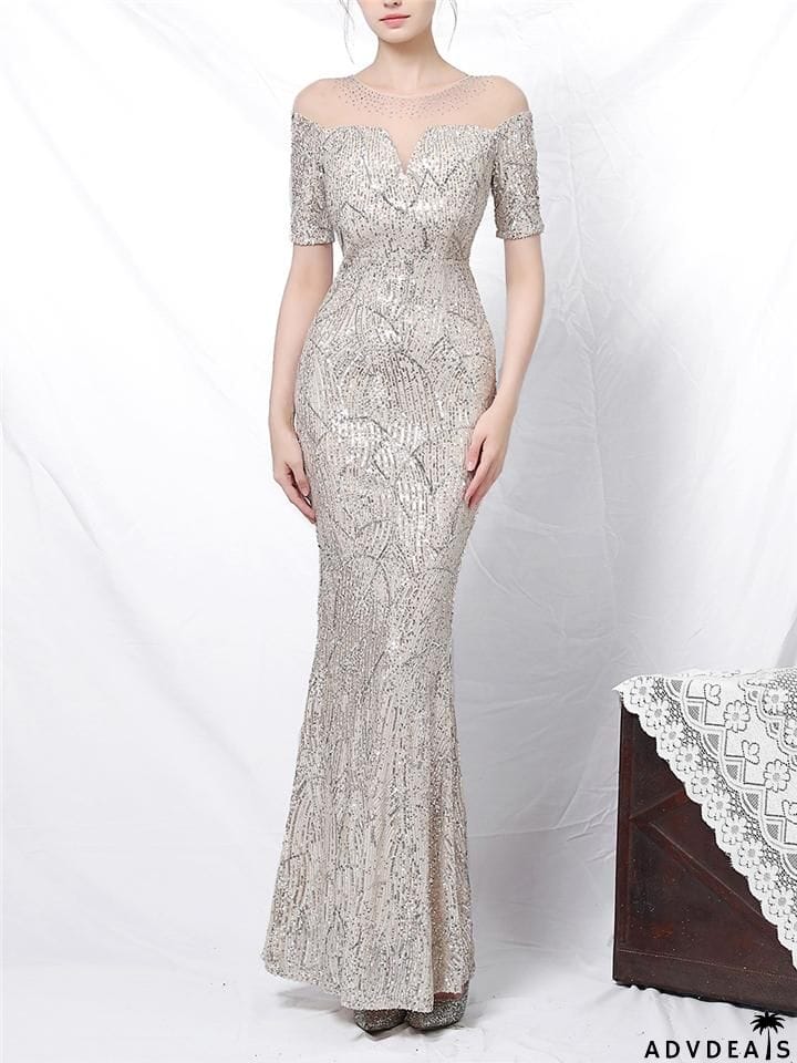 Shimmering Sequined Illusion Neck Mermaid Dress for Evening Party