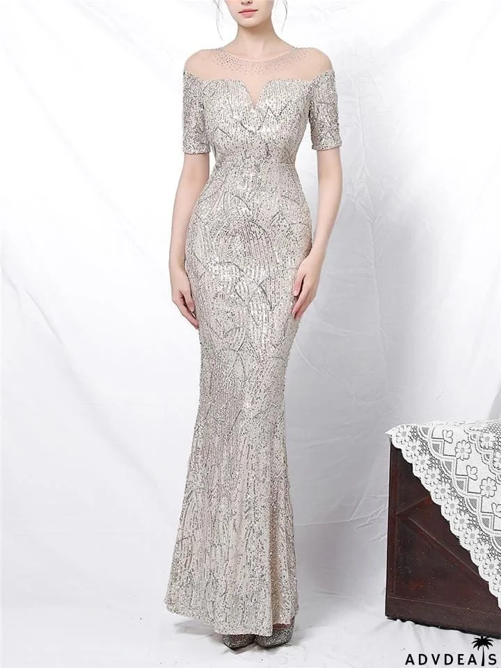 Shimmering Sequined Illusion Neck Mermaid Dress for Evening Party