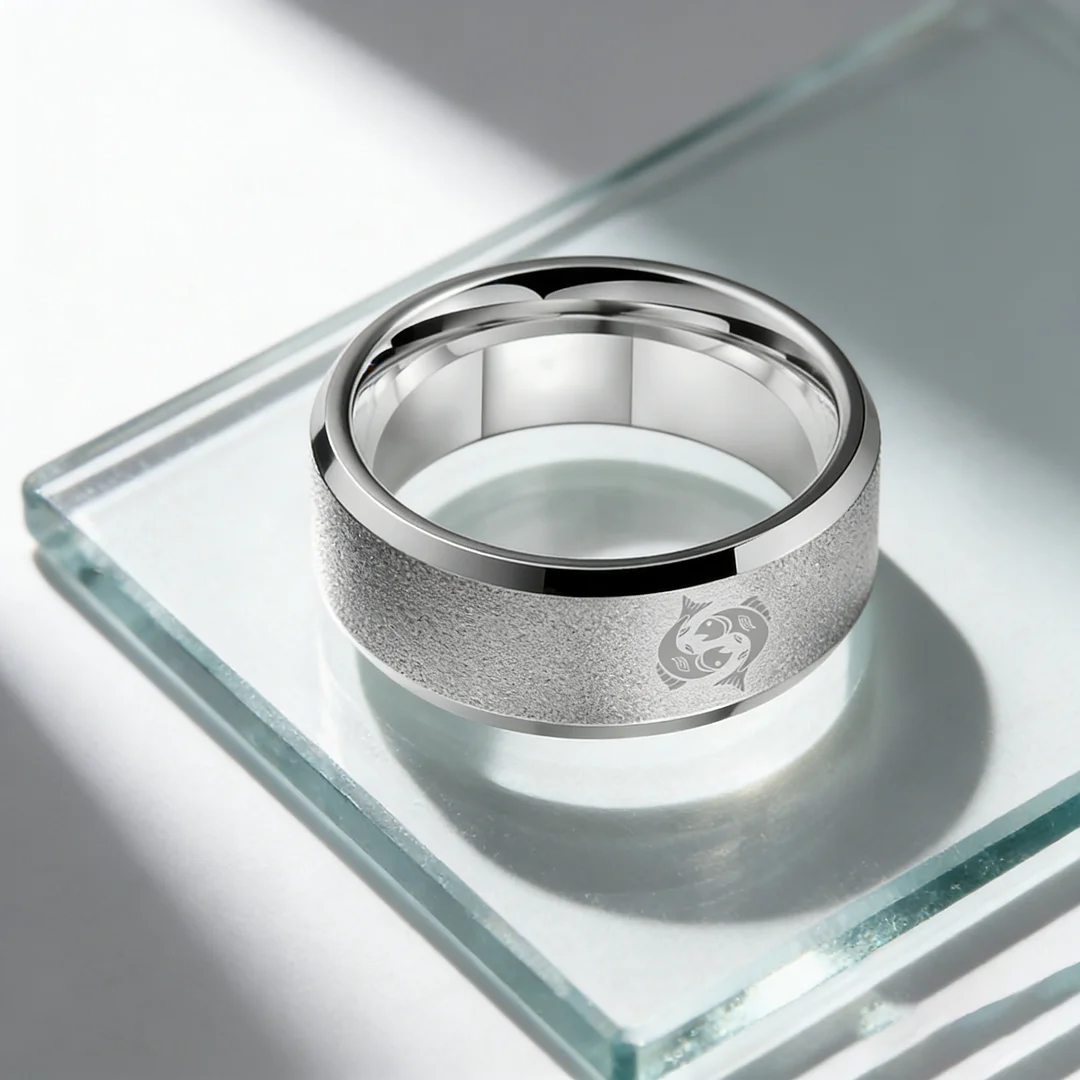 Sliver Edges and Laser Etched Wedding Band Comfort Fit Mens Womens Sliver Pisces Tungsten Carbide Rings 4MM 6MM 8MM