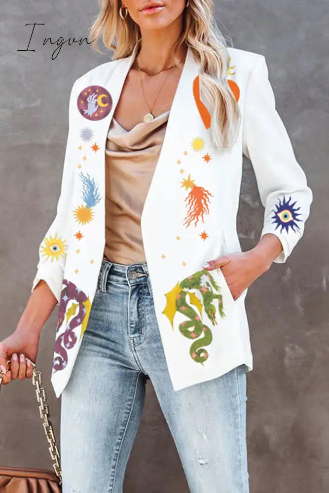 Ingvn - Casual Animal Printing Turn-Back Collar Outerwear White / S Outerwear/Suit Jacket