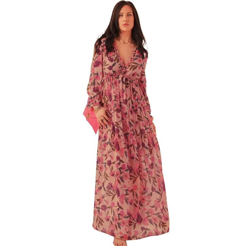 Multicolor Wild Lotus Ruffle Tiered Maxi Dress