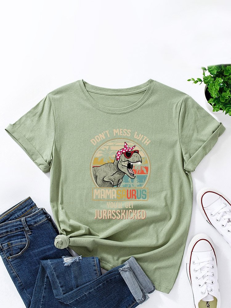Cartoon Dinosaur Print O neck Short Sleeve T Shirt For Women P1832878