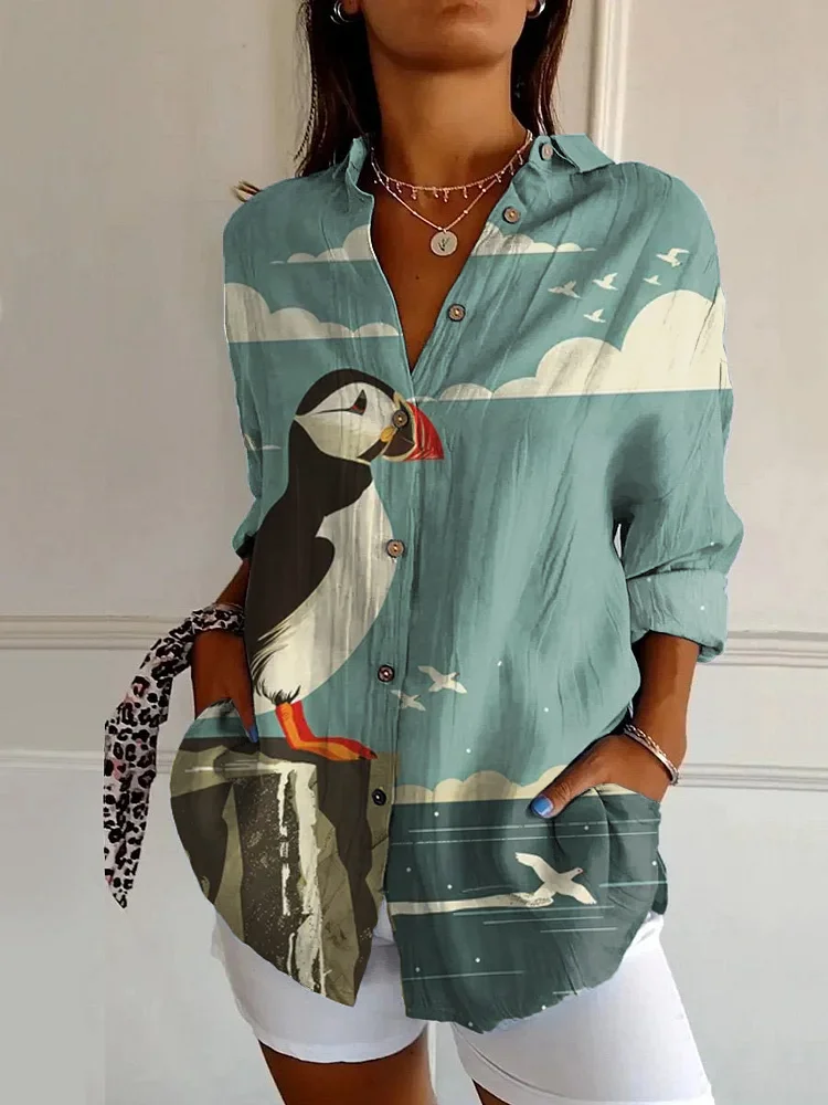 Vintage Bird Art Print Casual Long Sleeve Shirt