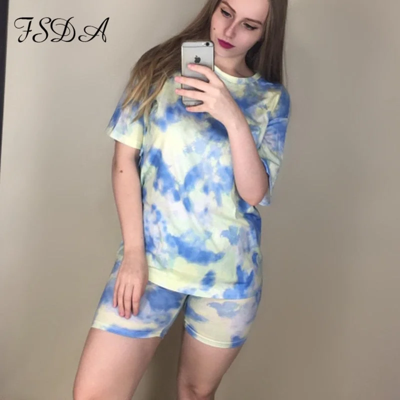 FSDA Women Set Summer Tie Dye Short Sleeve Top Shirt Loose And Biker Shorts Casual Two Piece Set Streetwear Outfits Tracksuits