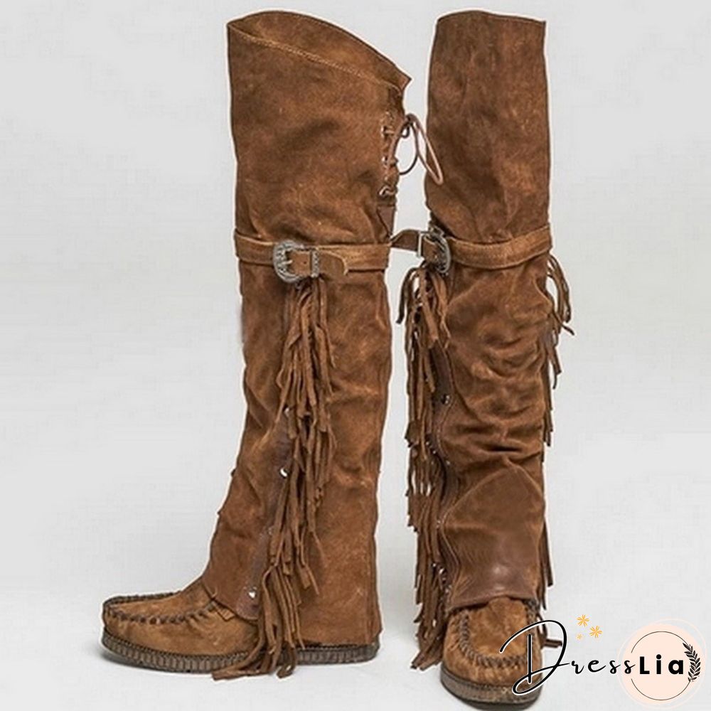 Winter Women Faux Suede Tassel Boots Fashion Ethnic Fringe Boho Long Boots Flat Heel Knee High Boots