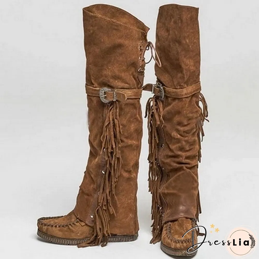 Winter Women Faux Suede Tassel Boots Fashion Ethnic Fringe Boho Long Boots Flat Heel Knee High Boots