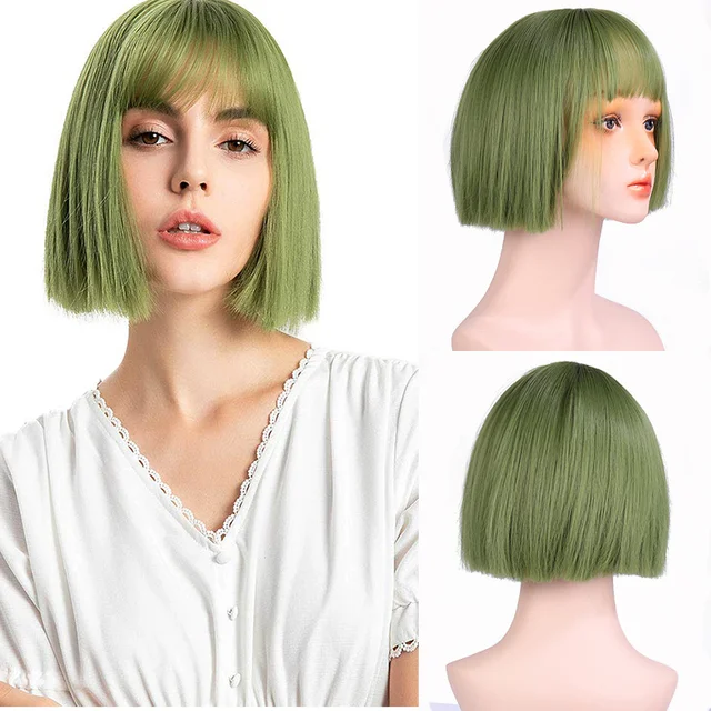 Jewtribute Hair®|Black Green Pink  Straight Bob Bangs Wigs For Women 